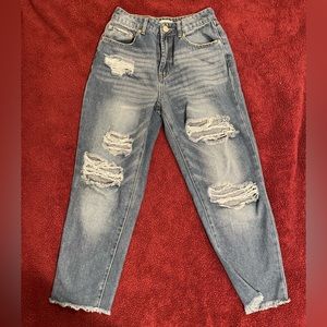 Blue, Wide-legged, Ripped jeans .